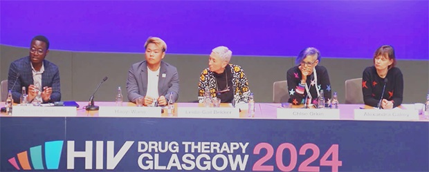 A landscape photo of five people sitting in a line at a table, to form a panel at the 2024 HIV Drug Therapy Glasgow conference. Left to right they are, Onyema Ogbuagu, Haoyi Wang, Linda-Gail Bekker, Chloe Orkin and Alexandra Calmy.