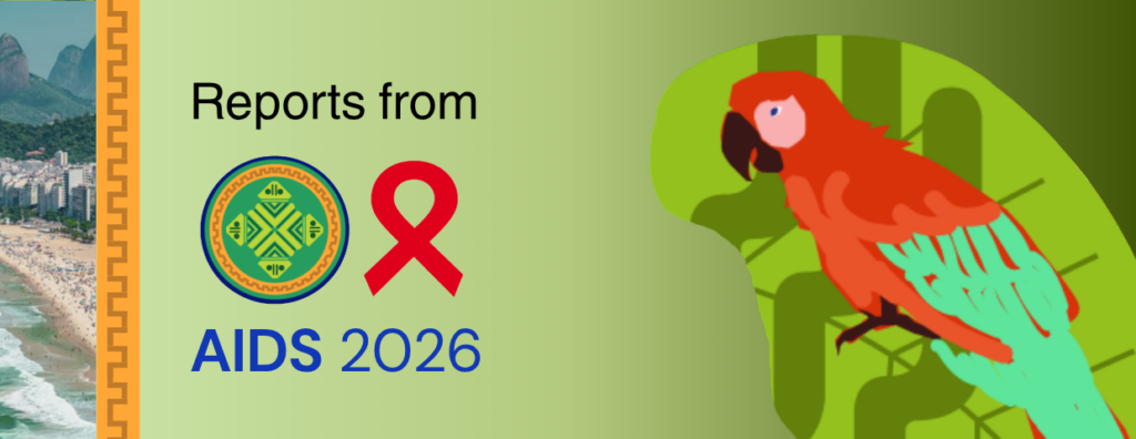 Graphic of a Rio de Janeiro beach with mountains in the background overlaid with the AIDS 2026 Conference roundel, the red AIDS ribbon, and the International AIDS Society symbol