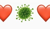 graphic of green coronavirus with a red heart either side