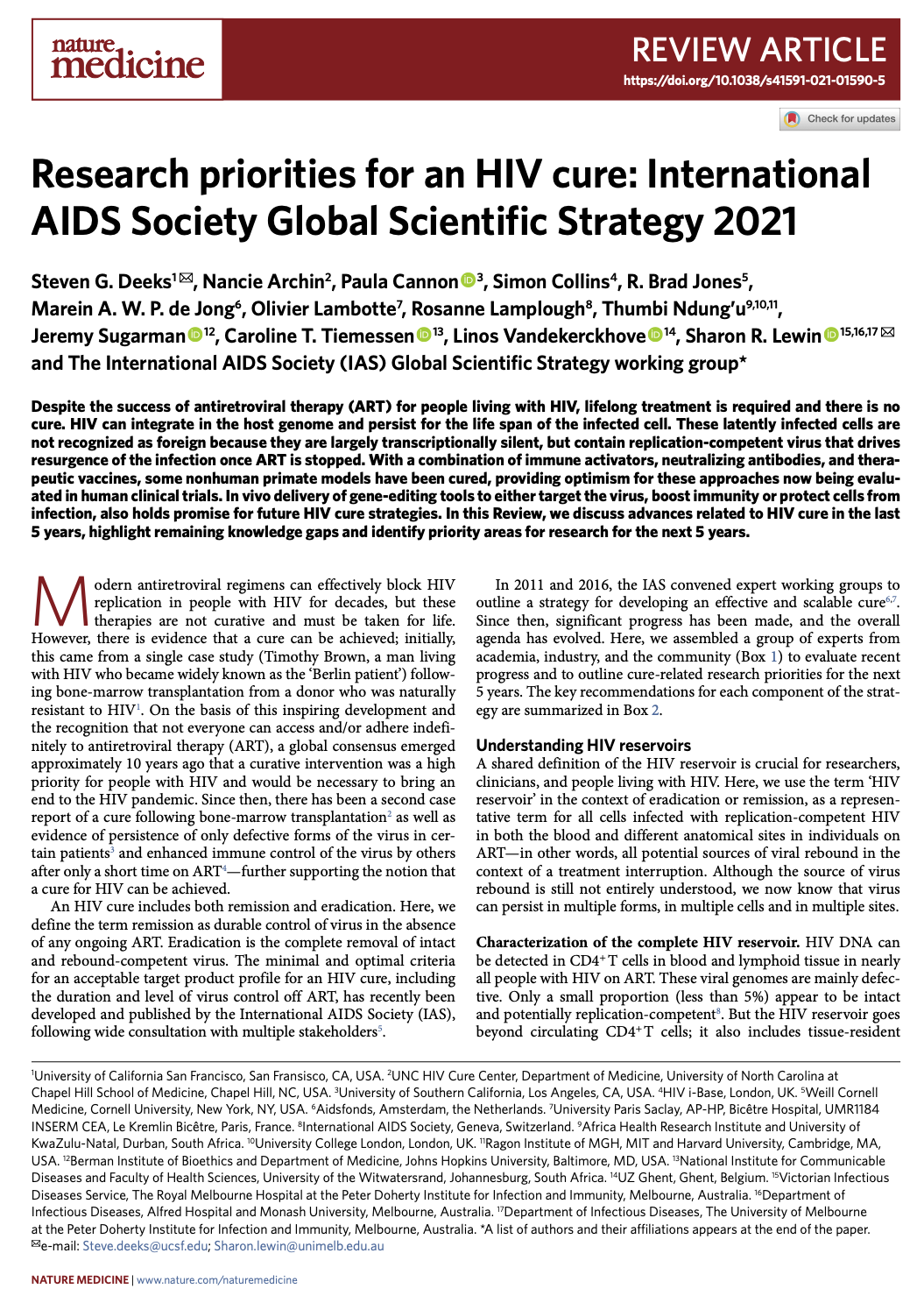 IAS review on HIV cure research A global scientific strategy to cure